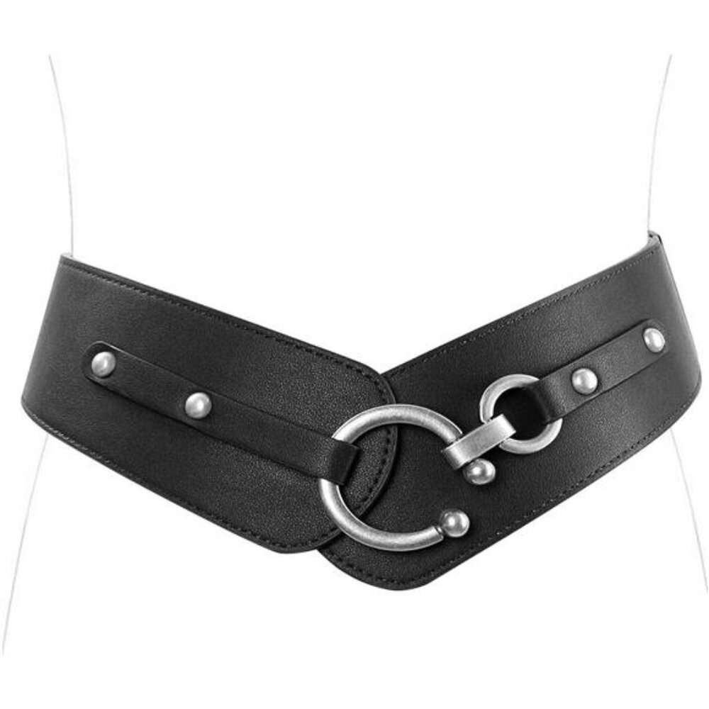 Womens Wide Elastic Belt Chunky Leather Vintage Interlock Buckle Dress Coat Belt